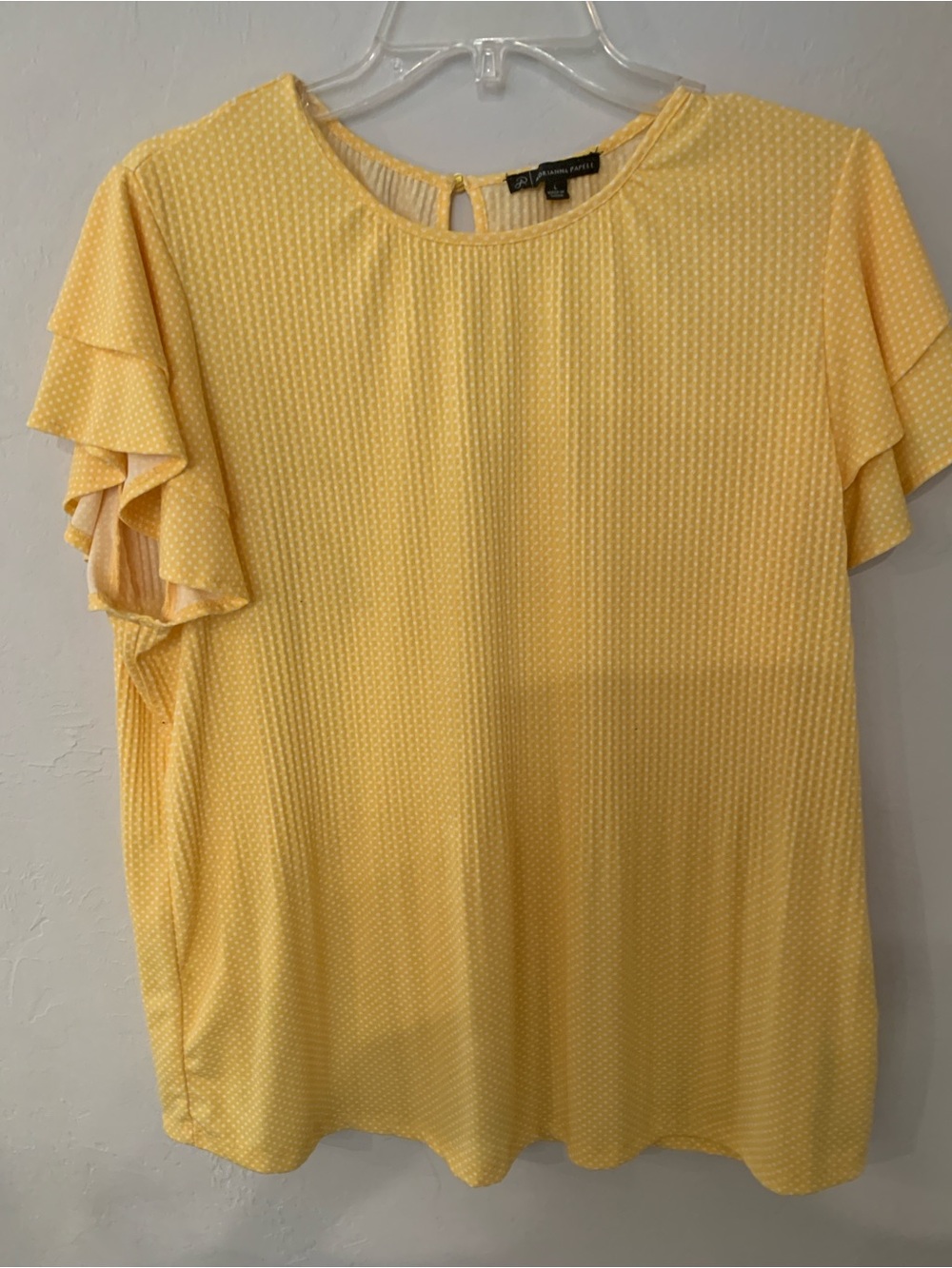 Adrianna Papell Sunny Yellow Ruffle Sleeve Dot-Texture Blouse Size L no flaw